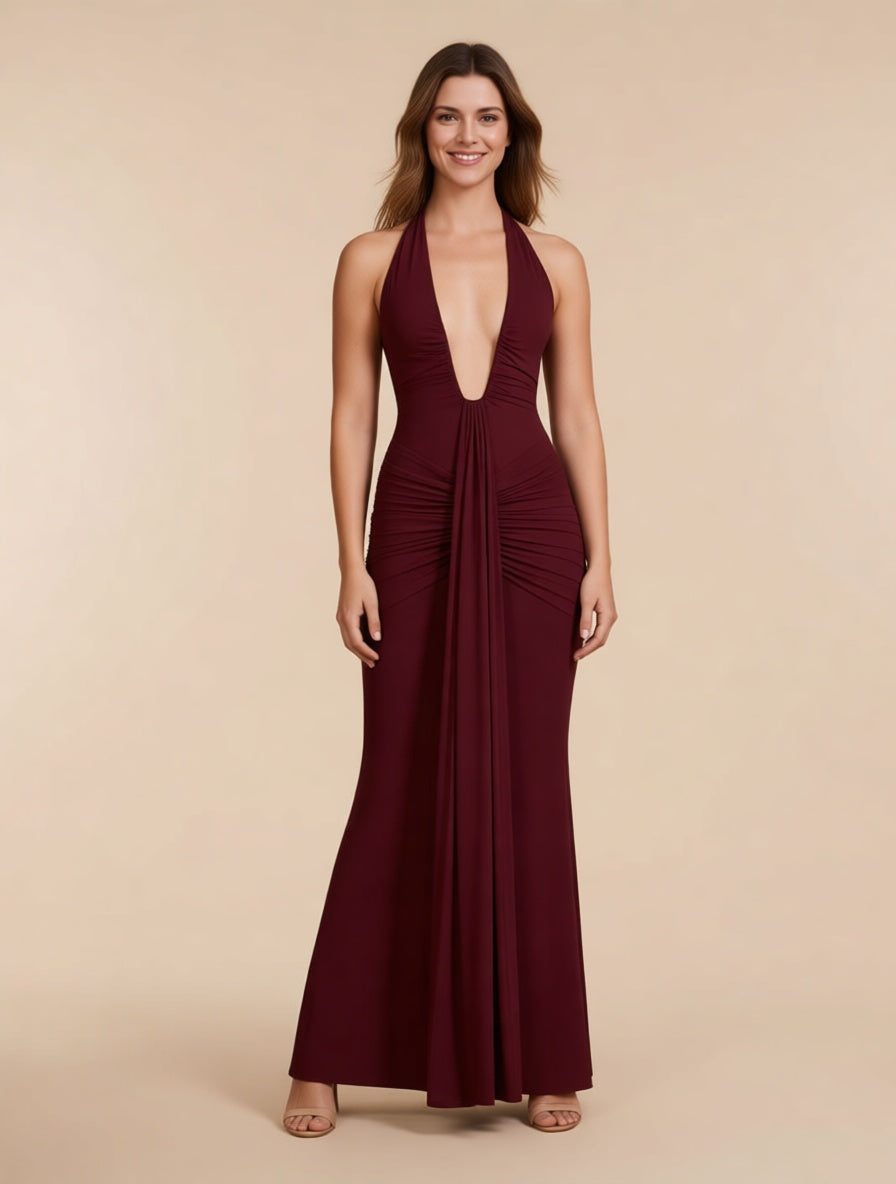 Delphine Burgundy Plunge Halter Maxi Dress with Train