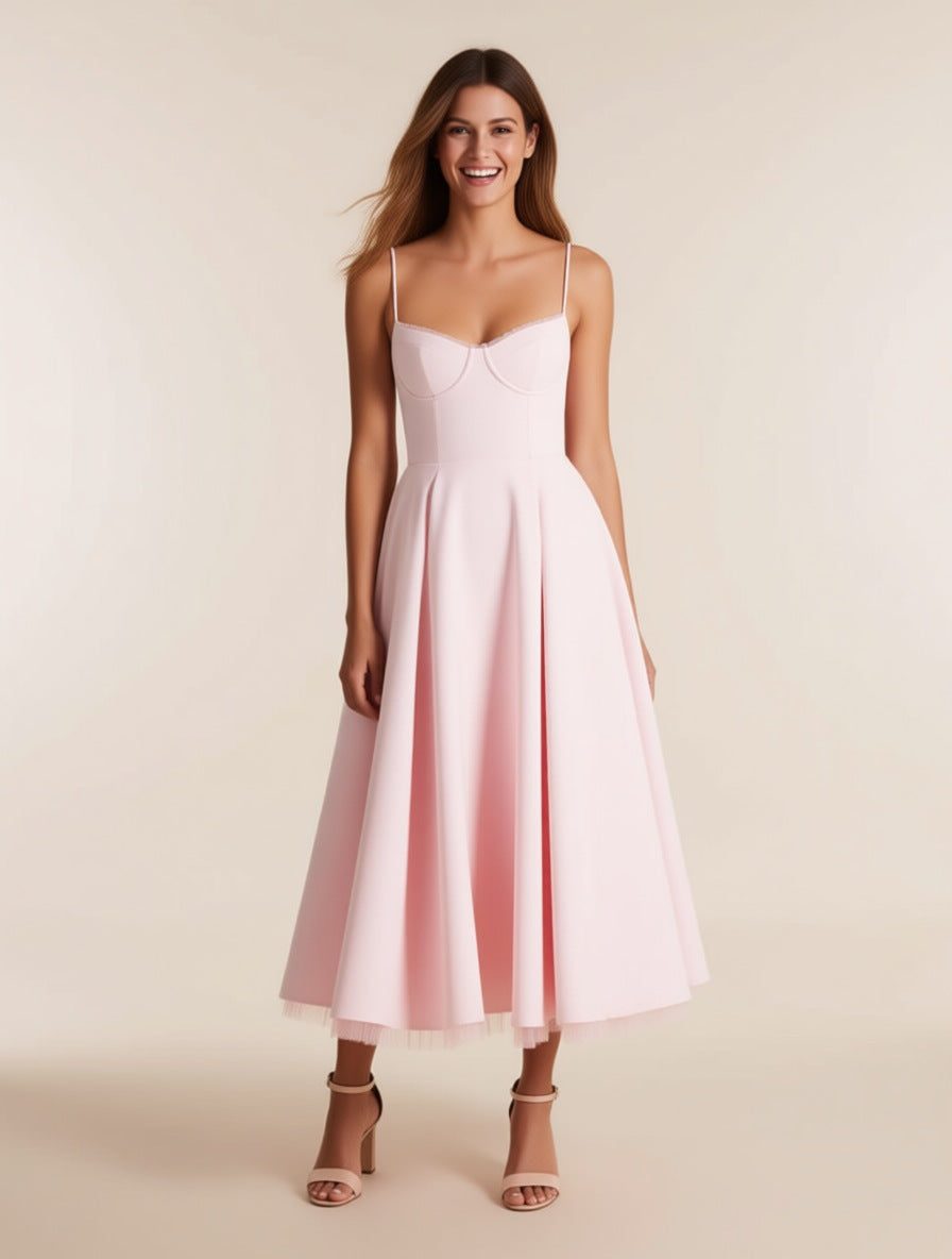 A blush pink tulle corset midi dress, a typical cocktail length (AI-generated brand image of a fictional model)