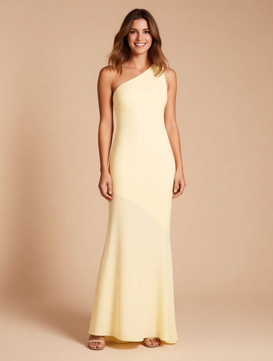 Seraphine Butter Yellow One-Shoulder Satin Fishtail Gown