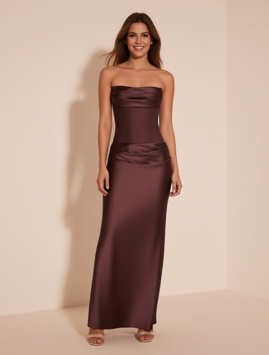A brown strapless cowl-neck bias-cut floor-length gown (AI-generated brand image of a fictional model)
