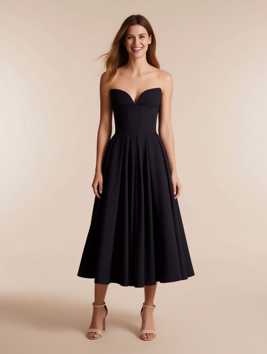 A black boned corset midi dress (AI-generated brand image of a fictional model)