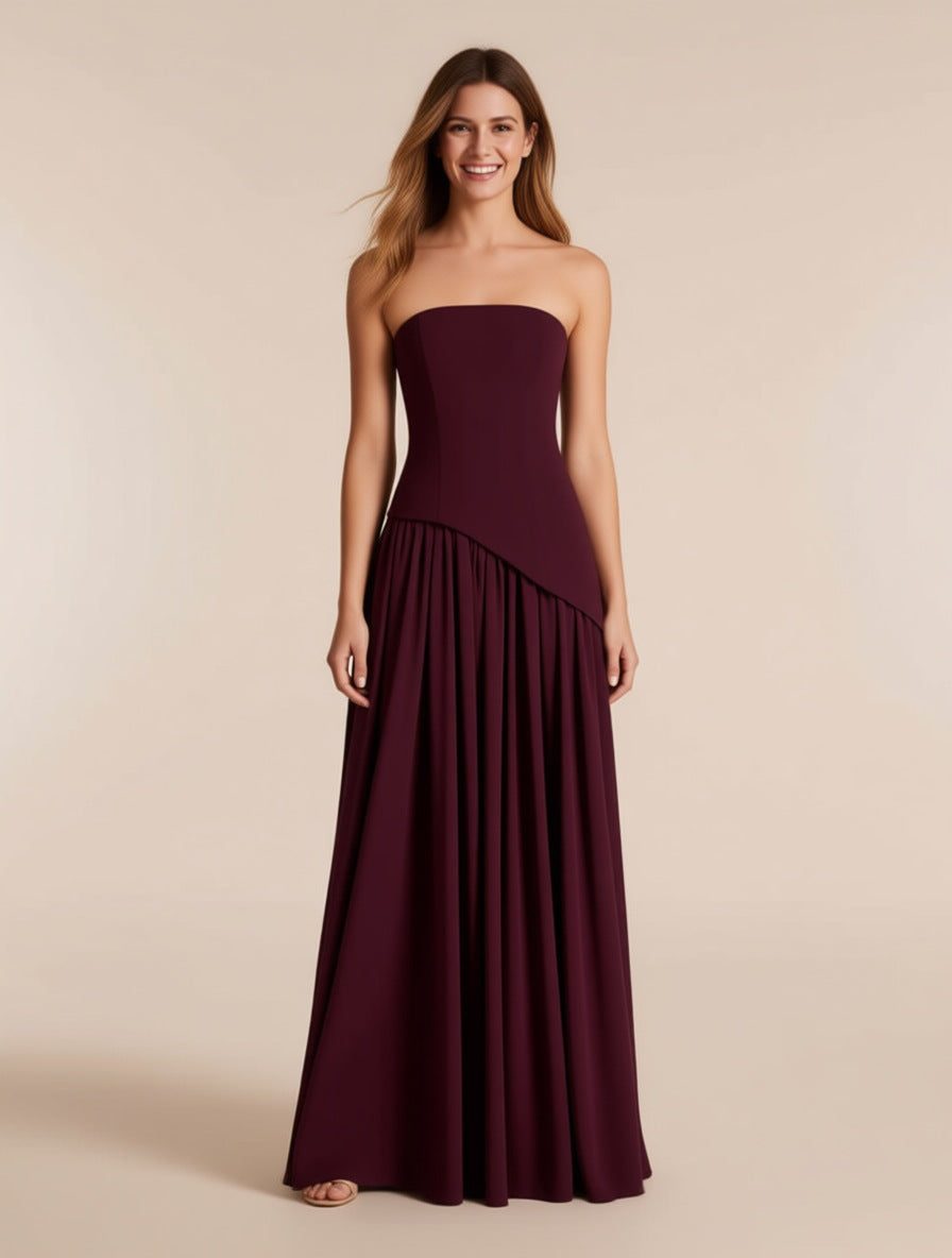 Colette Burgundy Strapless Crepe Chiffon Maxi Dress with Scarf