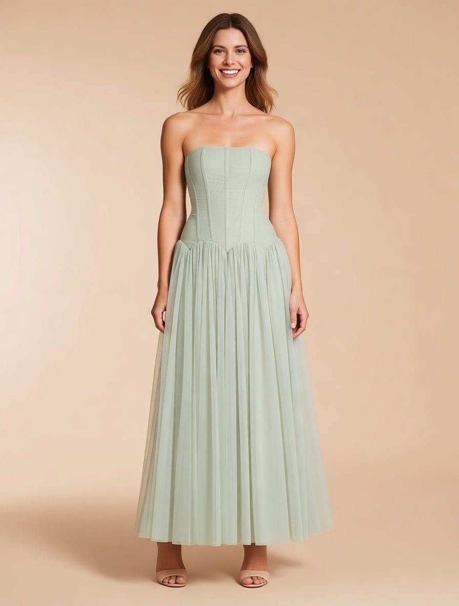 Mirabel Green Strapless Mesh Corset Maxi Dress