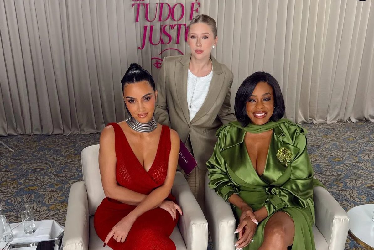 Kim Kardashian at a September 2025 press event in São Paulo (file photo, not her 2026 Academy Museum Gala Balenciaga gown)