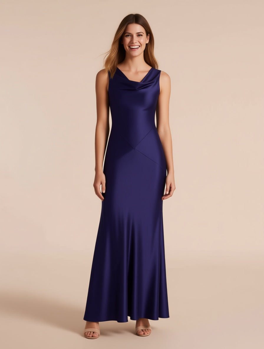 A dark blue cowl-neck satin evening gown (AI-generated brand image of a fictional model)
