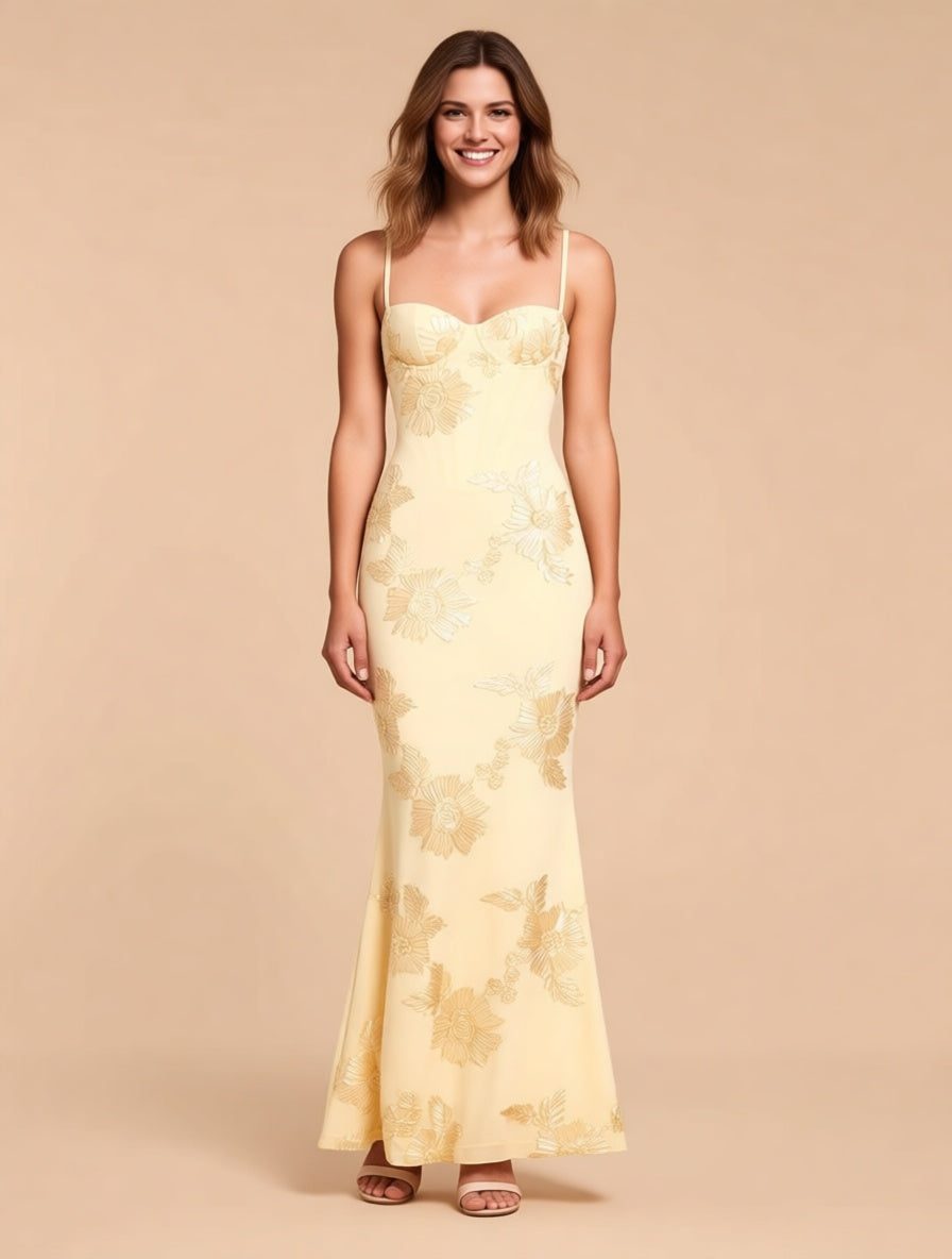 Fleur Butter Yellow Floral Corset Maxi Dress