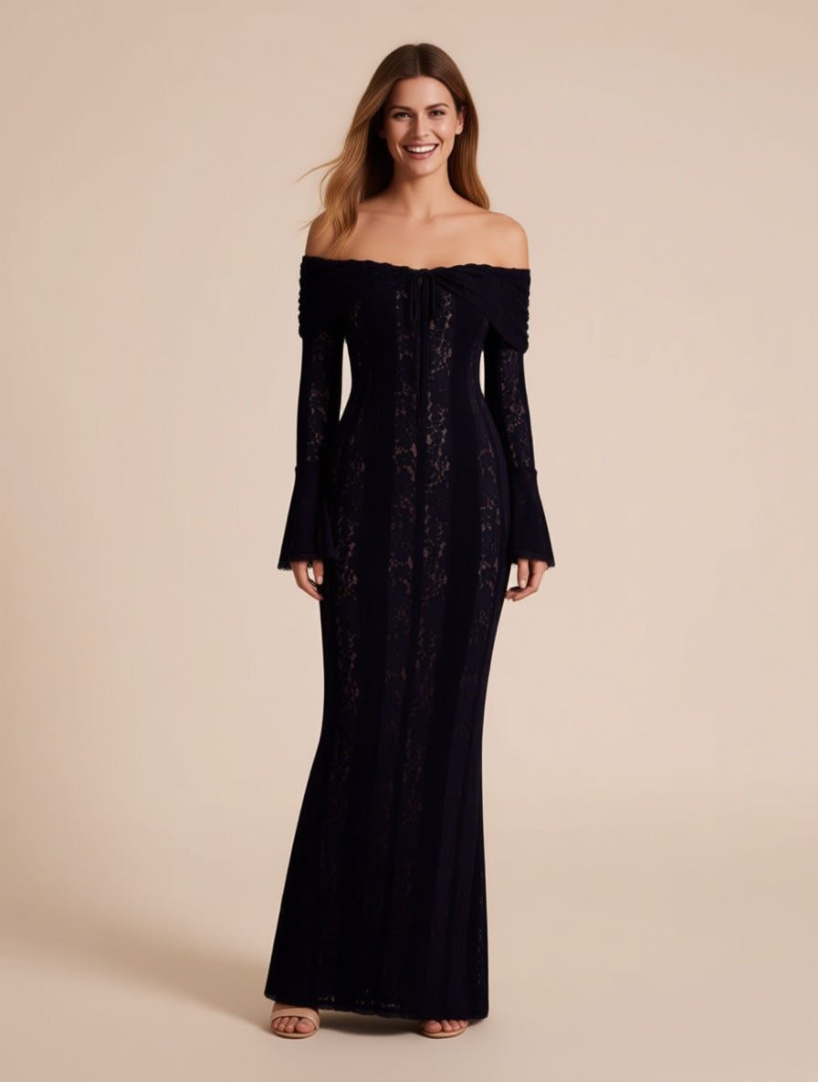 Marcella Black Off-Shoulder Lace Maxi Dress