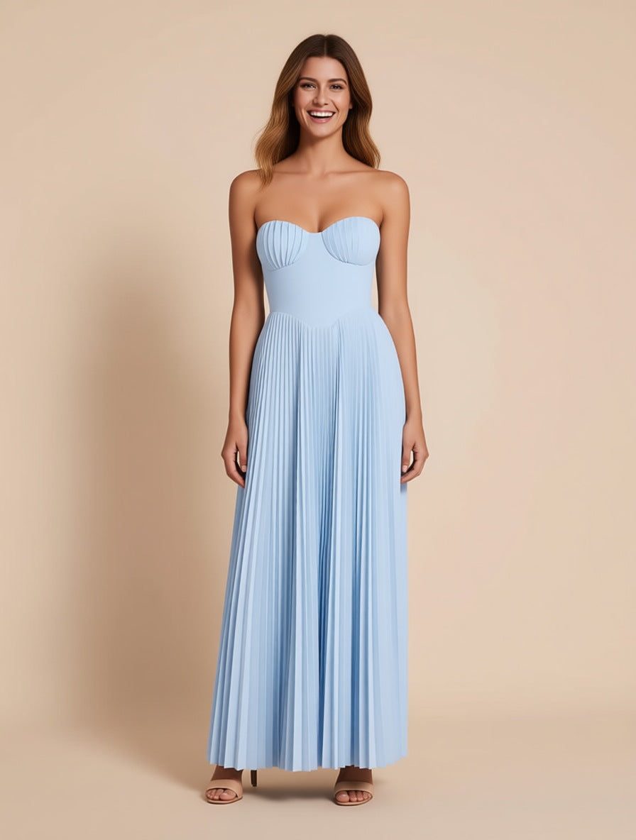 A baby blue pleated georgette maxi dress (AI-generated brand image of a fictional model)